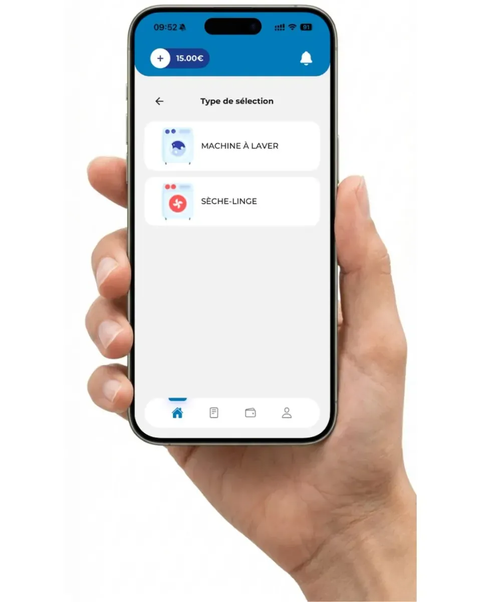 The Simply Pay app held in one hand: choose between washing machine and dryer, balance shown at the top