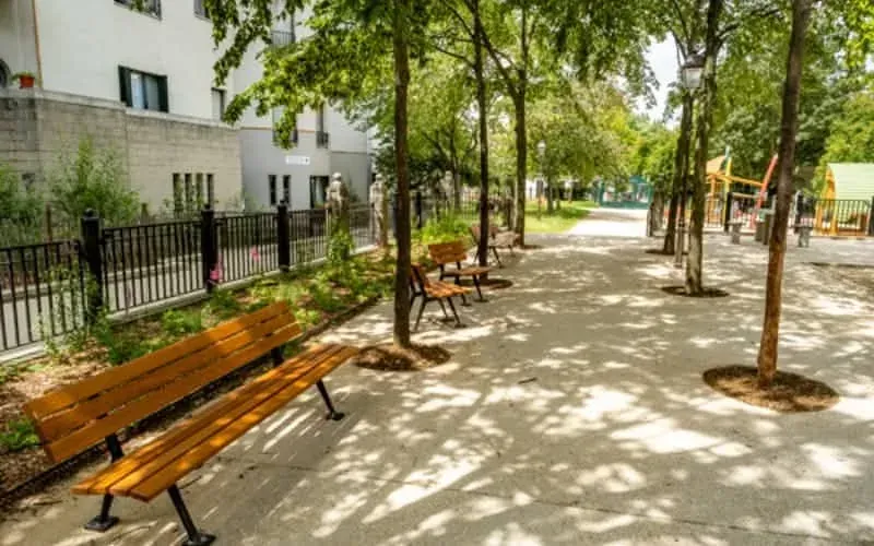 The shaded path through Square Paul Paray, wooden benches under the trees